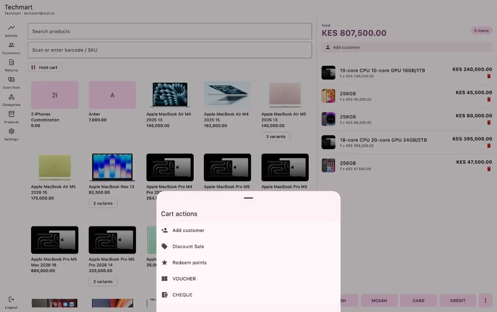 Berry POS desktop checkout: product grid, cart, and cart actions