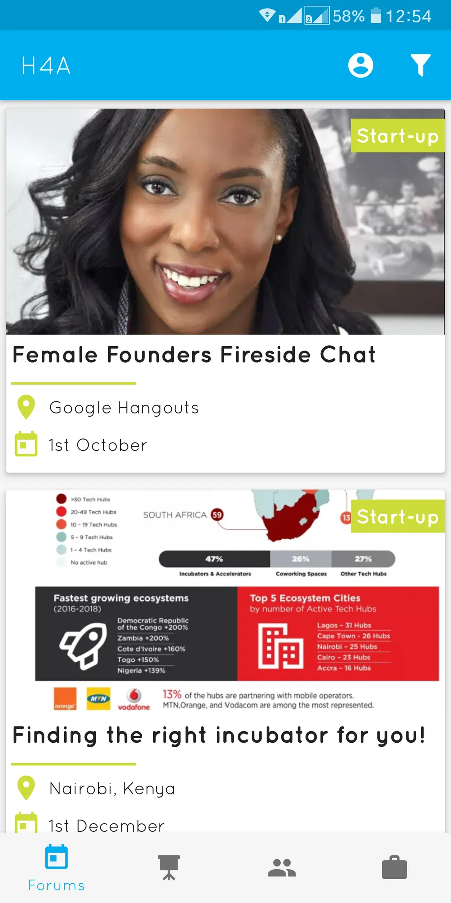 H4A forums feed with startup events